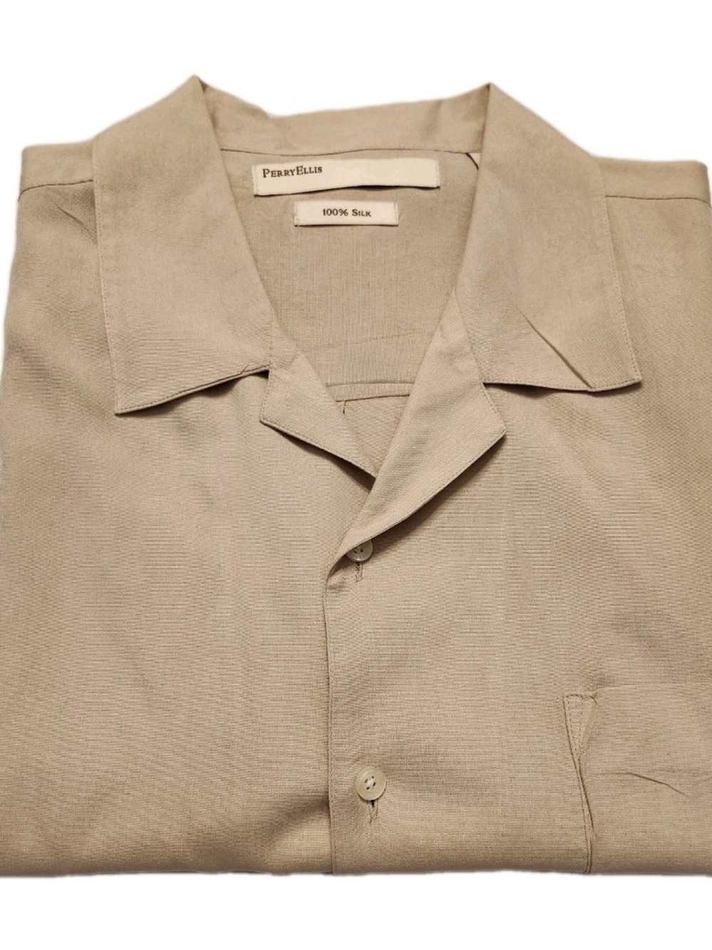 Perry Ellis XL 100% Silk Men's Beige Short-Sleeve Button-Down Shirt Preppy Golf